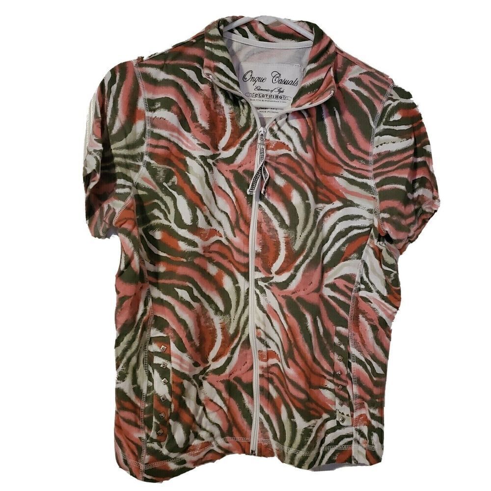 037) Onque Casuals Womens Jacket M Zebra Animal Print Pink Athletic Zip‎ Up